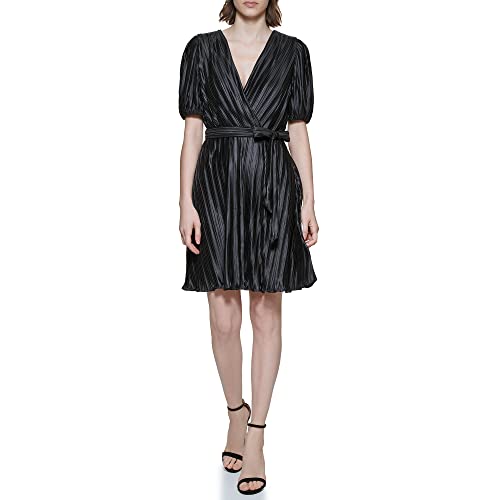 DKNY Damen Puff Sleeve V-neck Pleated Dress, Schwarz, 32 EU