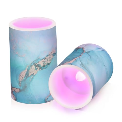 Image of Eionryn Teal Turquoise Marble Texture Flameless Candles Black and Gold Battery Operated LED Candles with Remote Timer Electric Candles for Home Party Decor 2pcs