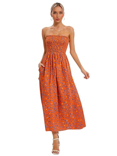 Image of Aigeman Women Strapless Tube Maxi Dress Flowy Swing Long Beach Sundress Sleeveless Boho Summer Dress with Pokets 330