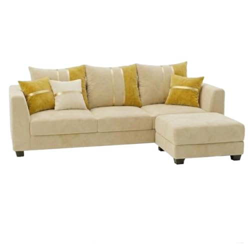 Image of Vero 4 Seater L Shape Sofa Set with Movable Ottoman | Flexible Left or Right Layout | Luxury Velvet Suede Fabric | Modern Living Room Sofa | Cream