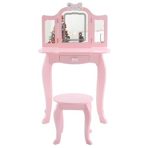 Image of Vanity Set,ShyneeMakeup Dressing Vanity Set Wooden Princess Makeup Table with Cushioned Stool,Drawer,Wooden Legs and Mirror, Make Up Dressing Play Set for Girls (Pink Bow)