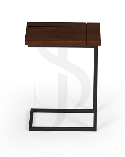 Image of Modern C-Side End Table for Living Room - Mango Wood with Black Metal Frame, Contemporary Sofa Side Table for Bedroom & Office (18L x 11D x 24H Inches) (Walnut Brown)