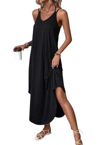 NobSuit Lässiges Maxikleid Damen Sommer Ärmelloses Trägerkleid mit V-Ausschnitt Lockeres Fließendes Freizeitkleid mit Seitenschlitz Polyester-Elasthan Strandkleid für Alltag & Urlaub