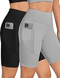 Biker Shorts Women 8' Inch High Waisted Tummy Control Yoga Stretchy Shorts Athletic Running Workout Leggings One Pockets Spandex Soft Compression Shorts Tights Knee Length Ladies 2 Pack Black Grey