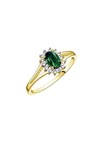 Image of Rylos Halo Ring: Diamond Birthstone with 6X4MM Oval Gemstone - Women's Jewelry in Yellow Gold Plated Silver - Stunning Diamond Ring Sizes 5-10