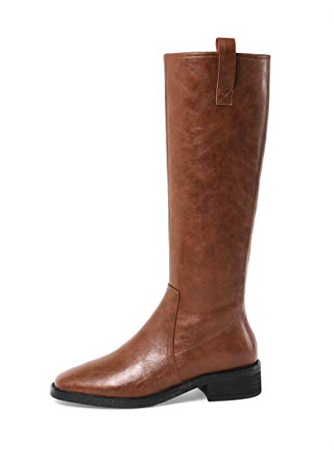 TinaCus Women's Handmade Genuine Leather Round Toe Low Block Heel Side Zip Up Western Style Knee High Riding Boots2
