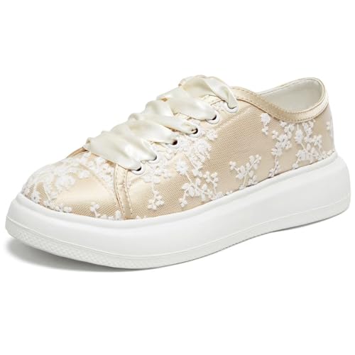 Emily Bridal 115-14 Women's Wedding Sneakers Flats Tennis Shoes Flower Lace Sneakers