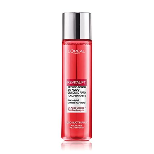 L'Oréal Paris Tonico Esfoliante Peeling Toner Revitalift, Pelle Liscia e Luminosa in 30 Secondi, Per Pelli Giovani, Arricchito con 5% di Acido Glicolico Puro, 180 ml
