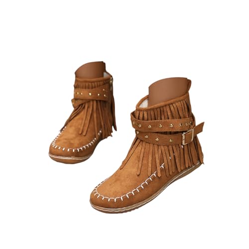 Women's Suede Fringe Ankle Boots Round Toe Flats Winter Warm Fashion Western Outdoor Short Boots with Zipper Womens Retro Tassel Studded Shoes Non Slip Flat Heel Casual Booties