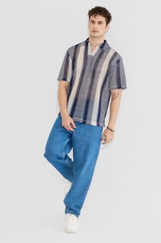 Image of SNITCH Greyish Blue Polo Box Fit Crochet T-Shirt