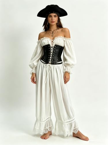 Image of UAURORAO Women Lace Trim Bloomer Pants Flowy Culottes Pantaloons Bloomers