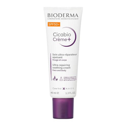 BIODERMA Cicabio Creme+ SPF50+ Ultra-reparierende und beruhigende Anti-Hyperpigmentierungspflege - schĂĽtzt vor UmwelteinflĂĽssen, Textur mit "Pflaster-Effekt" - fĂĽr die ganze Familie - Tube 40 ml