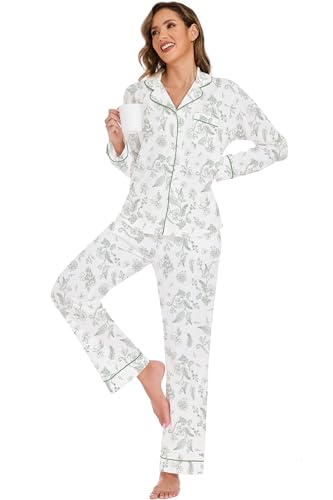 Image of LUBOT 100% Cotton Pajamas for Women Pajama Set 2 Piece PJ Sleepwear Set Soft Ladies Button Knit Long Sleeve Loungewear XS-XXL