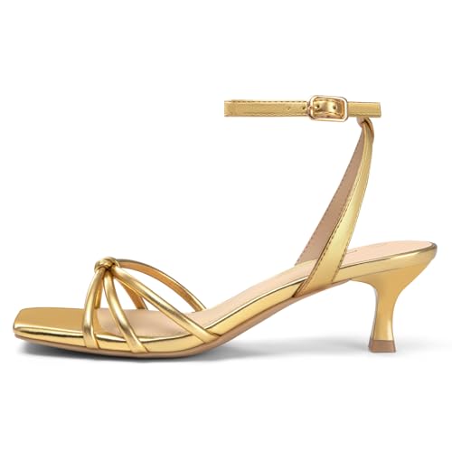 Athlefit Women's Kitten Heels Square Open Toe Strappy Low Heel Sandals Ankle Strap Party Dress Gold Heels for Prom Size 6 — view 4