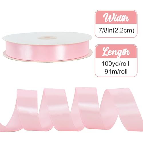 image for TONIFUL 7/8 Inch x 100yds Pink Satin Ribbon Thin Solid Frabic Ribbons 