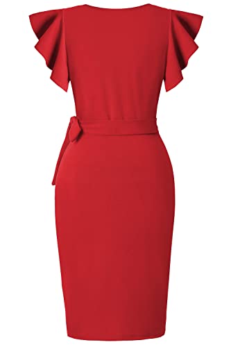 Image of oten Womens Deep V Neck Ruffle Sleeve Sheath Casual Cocktail Party Work Faux Wrap Dress