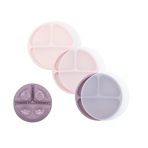 Image of WeeSprout Suction Plates with Lids for Babies & Toddlers, 100% Silicone Dinnerware Stays Put, Divided Design for Picky Eaters, Microwave & Dishwasher Friendly, 3 Pack (Matte Pink, Purple, Blush Pink)