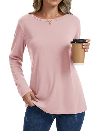 Cuptacc T-Shirts Für Damen Basic Langarmshirt Rundhalsausschnitt Damen Langarm Elegant Einfarbig Tops Hellrosa M 38-40