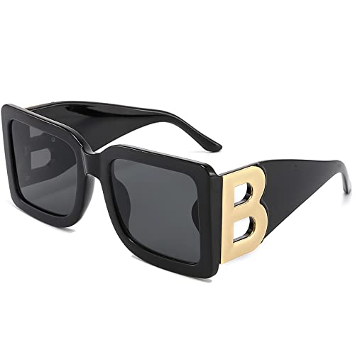 SeeBand Fashion Oversized Square Sunglasses for Women Men Trendy Black Thick Frame Luxury Designer Big Sun Glasses UV400 (Black/Grey/Gold Character)