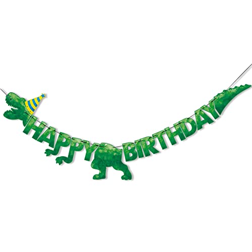 WERNNSAI HAPPY BIRTHDAY Banner - Watercolor Dinosaur Banner Green Dinosaur Birthday Party Decorations for Boys Kids Dino Theme Party Supplies T-Rex Hanging Wall Decor Pre-Strung 180 x 15