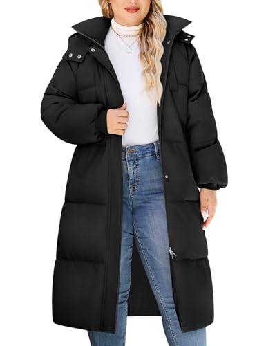 Tuopuda Damen Übergröße Wintermantel Lang Steppmantel mit Kapuze Wärme Verdicken Wasserabweisender Wintermäntel Steppjacke Winterjacke(Schwarz,XL)