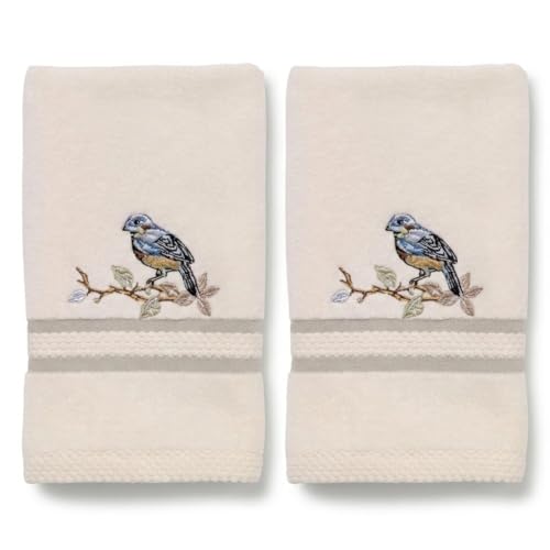 Avanti Linens Fingertip Towel Set 100% Cotton Velour Bathroom Towels with Embroidered Bird & Floral Design Absorbent Terry Reverse Home Decor Set of 2 (Love Nest Collection)