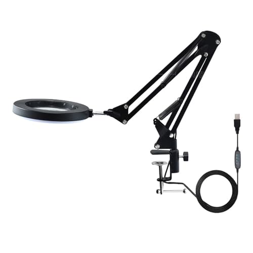 Xzcvalimn Lupa de 10 aumentos con LED, lámpara con lupa de brazo ible, brillo de 3 colores, funciona con rotación de 360 ​​e para reparación, manualidades, Re (Negra)