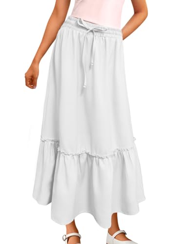 Image of Girls High Waisted Ruffle Maxi Skirt Soft Cotton Long Skirts with Elastic Waistband for Kid Girl 3-12 Years