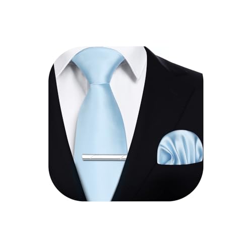 HISDERN Mens Light Blue Ties Set 3.4 Tie and Pocket Square with Clip Gents Solid Color Necktie Hankerchief Wedding Business Formal Classic Neckties Sets for Men