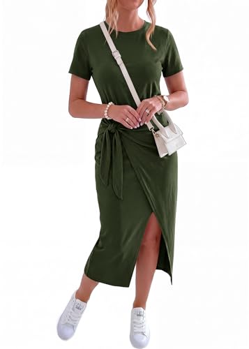 Image of NOLLSOM Women Casual Sleeveless Striped Tank Midi Dresses Halter Neck Ruched Bodycon Dresses Tie Waist T Shirt Summer Dress