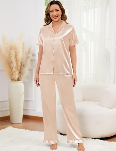 Image of SWOMOG Women Satin Pajamas Set Short Sleeve Top & Pants Sleepwear Silky Button Down Nightwear 2pcs Loungewear Pjs Set
