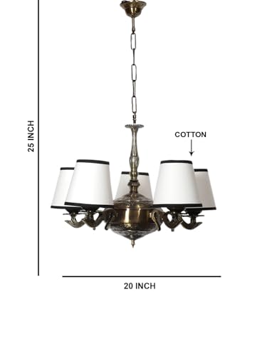 Image of Devansh 05 Lights White & Black conical Cotton Shade with Antique Golden Chandelier