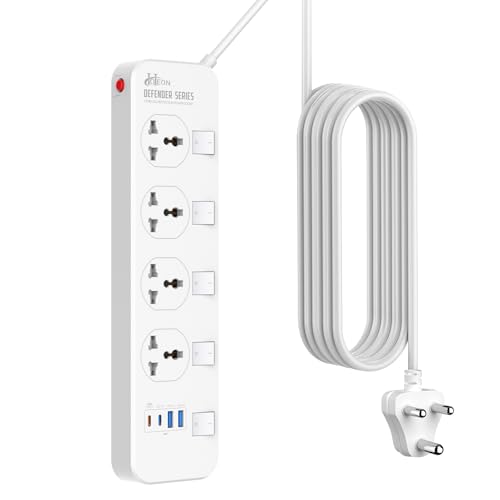 Image of Hoteon Extension Board with USB Slots, 2500W /10A Individual Switch Power Strip, 4 Way Outlets 2 Type C & 2 USB A Ports, Universal Spike Guard Sockets with Safety Shutter, 5Mtr Cable (3 Pin White)