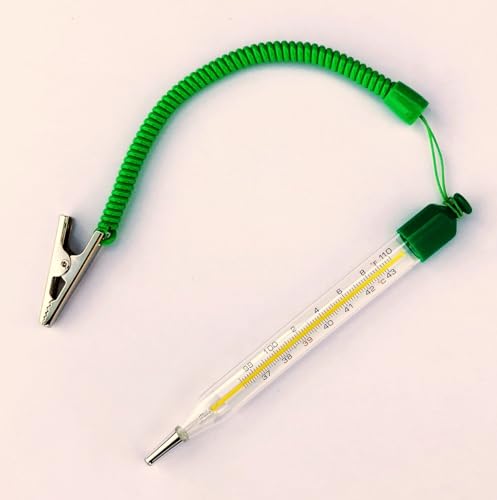 Veterinary Thermometer with Stretch Cord and Tail Clip for Horses Dogs and Large Animals. Stretches to 14 Inches. F /C Scale. East-Read. Mercury-Free.
