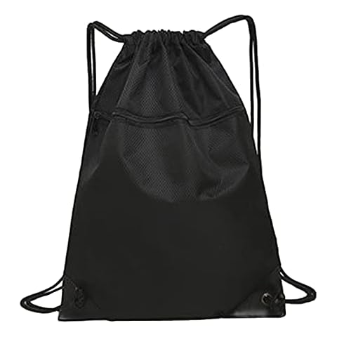 JHEC tech Drawstring Gym Bag, Sports Backpack With Zipper Pocket Inside, Waterproof Drawstring Bag For Girls And Boys Backpacks, Swimming, Shopping, Yoga School, Beach Football (Black) Cover