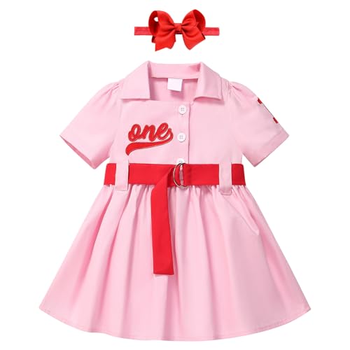IMEKIS Toddler Baby Girls Baseball One Birthday Dress with Headband Short Sleeve Button Dresses Cake Smash Photo Shoot