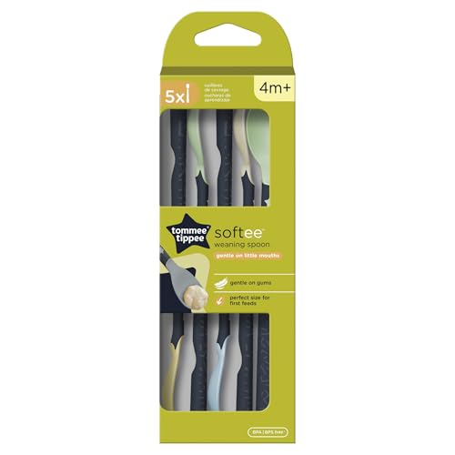 Tommee Tippee Softee Entwöhnungslöffel ab 4 Monate, Packung mit 5 Stk., lange, rutschfeste Stiele, extraweiche vordere Kante, BPA-freie Babylöffel