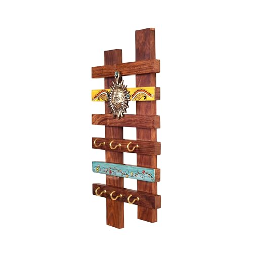 Image of AAKRITI ART CREATIONS Key Holder, Taksha Key Hanger with Mask Motifs and Beautiful Artwork | Rustic Dhokra & Wooden Wall Organizer with 6 Hooks | New Home Gifts.