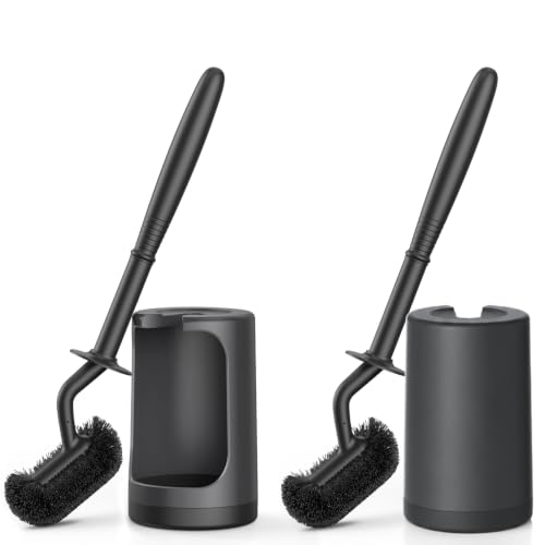 Image of HAMITOR Toilet Bowl Brush Holder Set: Curved Design with Holder for Deep Cleaning Under Rim - Compact Hidden Cleaner Scrubber for Small Space - Home RV Bathroom Accessories - Black 2 Pack