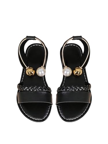 OYOANGLE Girl's Pearl Decor Open Toe Flat Sandals Braided Ankle Strap Outdoor Beach Sandals