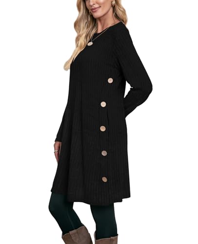 Image of OFEEFAN Long Sleeve Dress for Women Crew Neck Fall and Winter Tunic Dress with Pockets