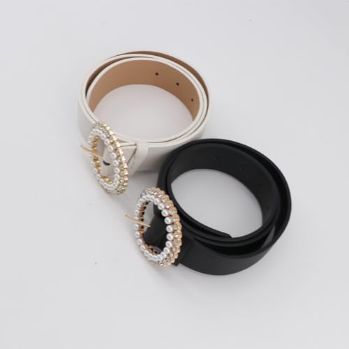 Kopida Women PU Leather Waist Belt Rhinestone Pearl Round Buckle Belt Adjustable Waist Belt Casual Jeans Belt Dress Pants Belt2