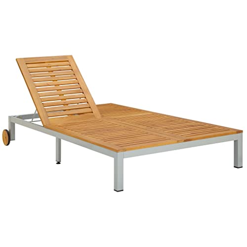 Double Sun Lounger Solid Wood Acacia, Beach Chaise Lounge, Double Chaise Lounge, Outdoor Bed Lounger With 2 Wheels, For Beach Patio Backyard 81.5" X 51.2" X (12.2"-34.6") #TOP2