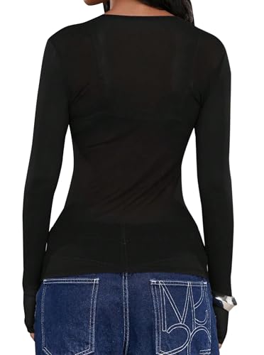 Remidoo Womens Sheer Mesh Top Crewneck Long Sleeve Tee Shirts with Thumb Hole2