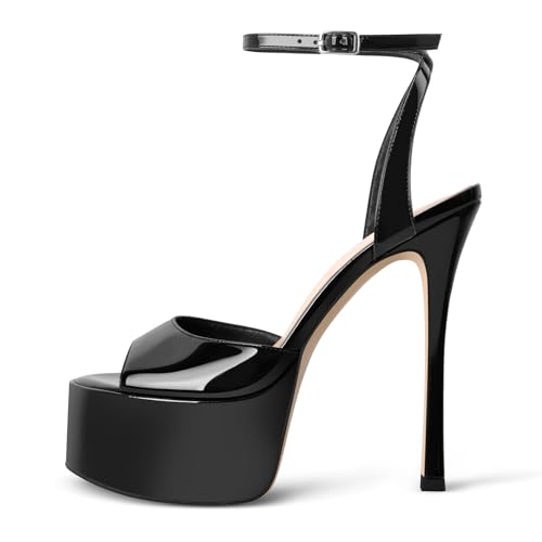 Only maker Women's Elegant Peep Toe Sandals Stiletto High Heel with Platform Ankle Strap Buckle Closure Patent Leather Black Size 12