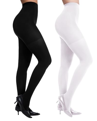 Citystl 2 Pairs Womens Black Tights 60D Solid Color Soft Opaque Microfiber TightsBlack/White-S