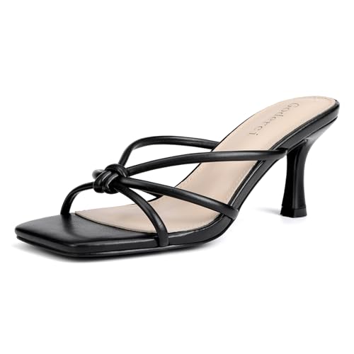 Image of Goderci Kitten Strappy Heels for Women Knotted Square Open Toe Slip On Mule Heels Mid Heeled Sandals
