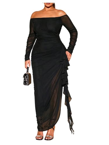 Floerns Women's Plus Size Off Shoulder Dress Mesh Long Sleeve Ruffle Trim Bodycon Maxi Dresses