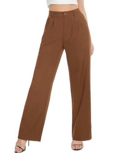 Tapata Women Wide Leg Pants High Waisted Dress Trousers Casual Elastic Pockets Business Work Slacks, Brown, 12