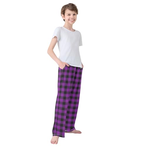 CaTaKu Boys Purple Buffalo Plaid Pants for Boys Girls Wide Leg Sweatpants Kids Long Bottoms with Pockets Size 6-14Y3
